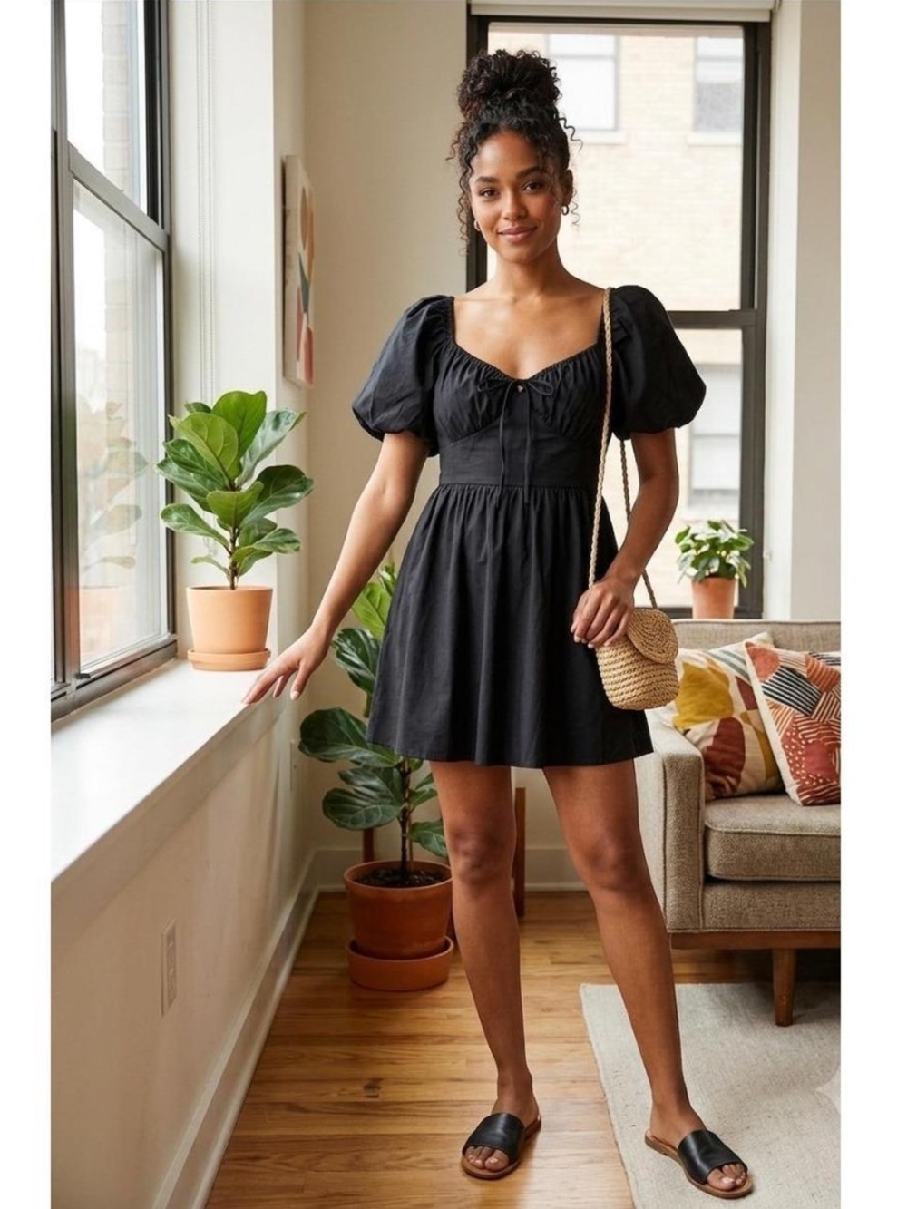 TARGET | Elegant Black Puff Sleeve Empire Waist Cotton Cottagecore Mini Dress XS
